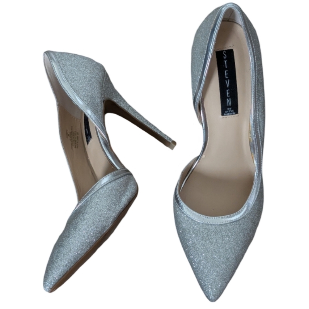 Steven by Steve Madden Whiskey Silver Glitter D'Orsay Pointed Toe Heels Size 9